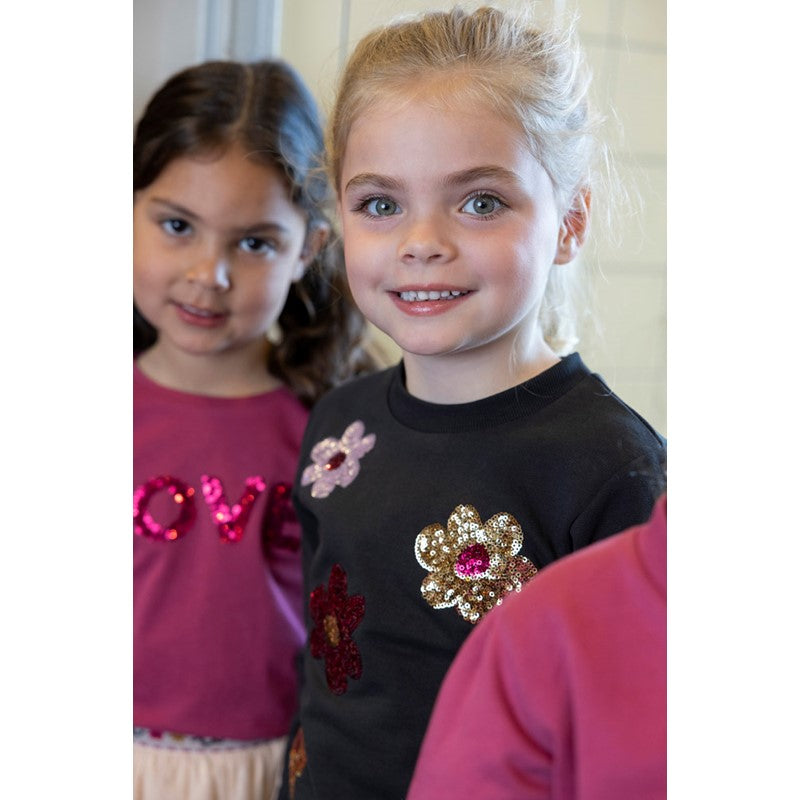 Modischer Sweater aus Bio-Baumwolle in Anthrazit mit glitzernden Pailetten-Blumen