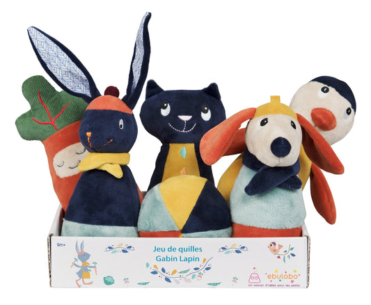 Hochwertiges buntes Kegel-Spiel aus Stoff mit klingendem Stoffball, niedliche Figuren Vogel, Hund, Katze, Hase und Möhre
