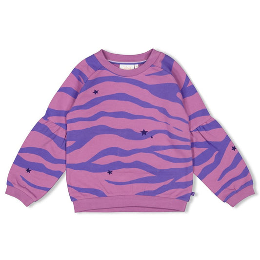 Schöner Sweater in verschiedenen Lila Tönen mit wildem Muster und Sternen