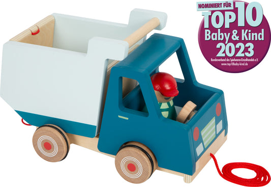 Toller Kipplaster aus Holz zum Nachziehen mit wippendem Fahrer und gummierten Reifen 