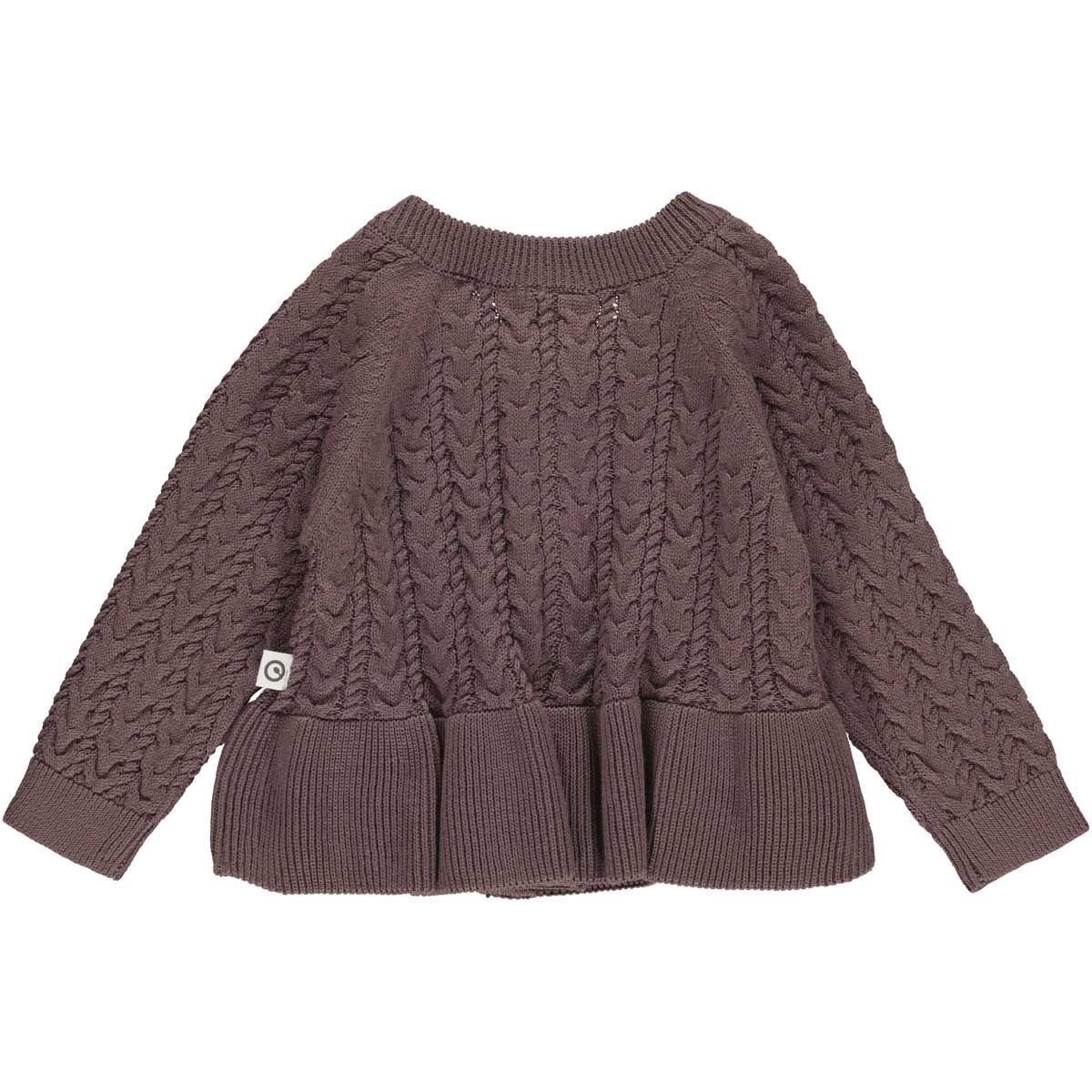 Schöne, verspielte Strickjacke für Mädchen in dunkel lila aus Bio-Baumwolle 