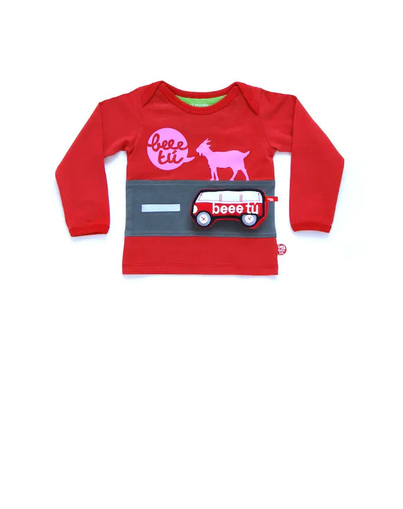 Rotes Spielshirt mit Klett-Bus aus Bio-Baumwolle