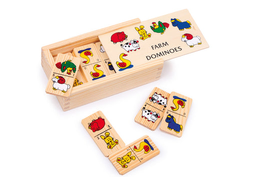 Ein Klassiker: das schöne Domino-Spiel aus Holz mit den bunten Farm-Tieren darauf