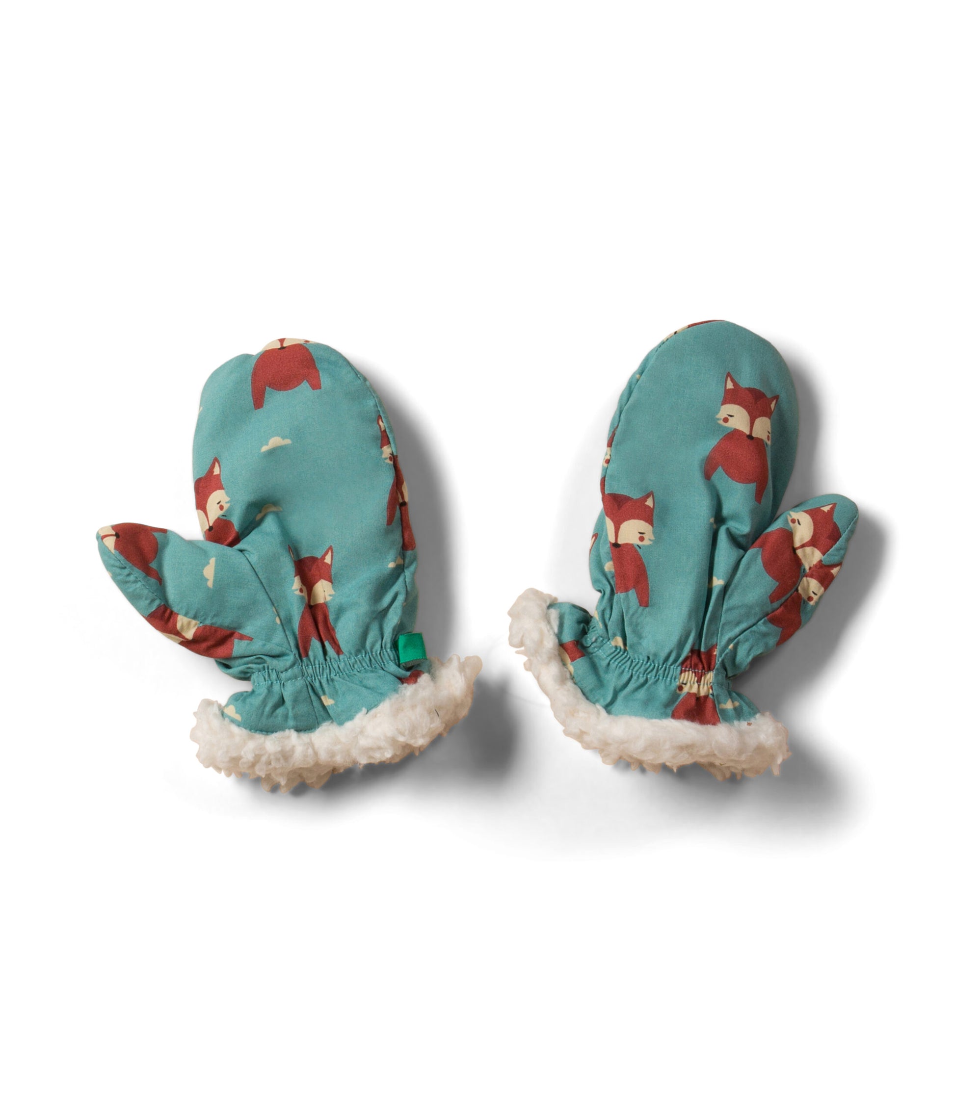 Warme Fäustlinge mit Futter aus Sherpa-Baumwolle in türkis mit Füchsen 