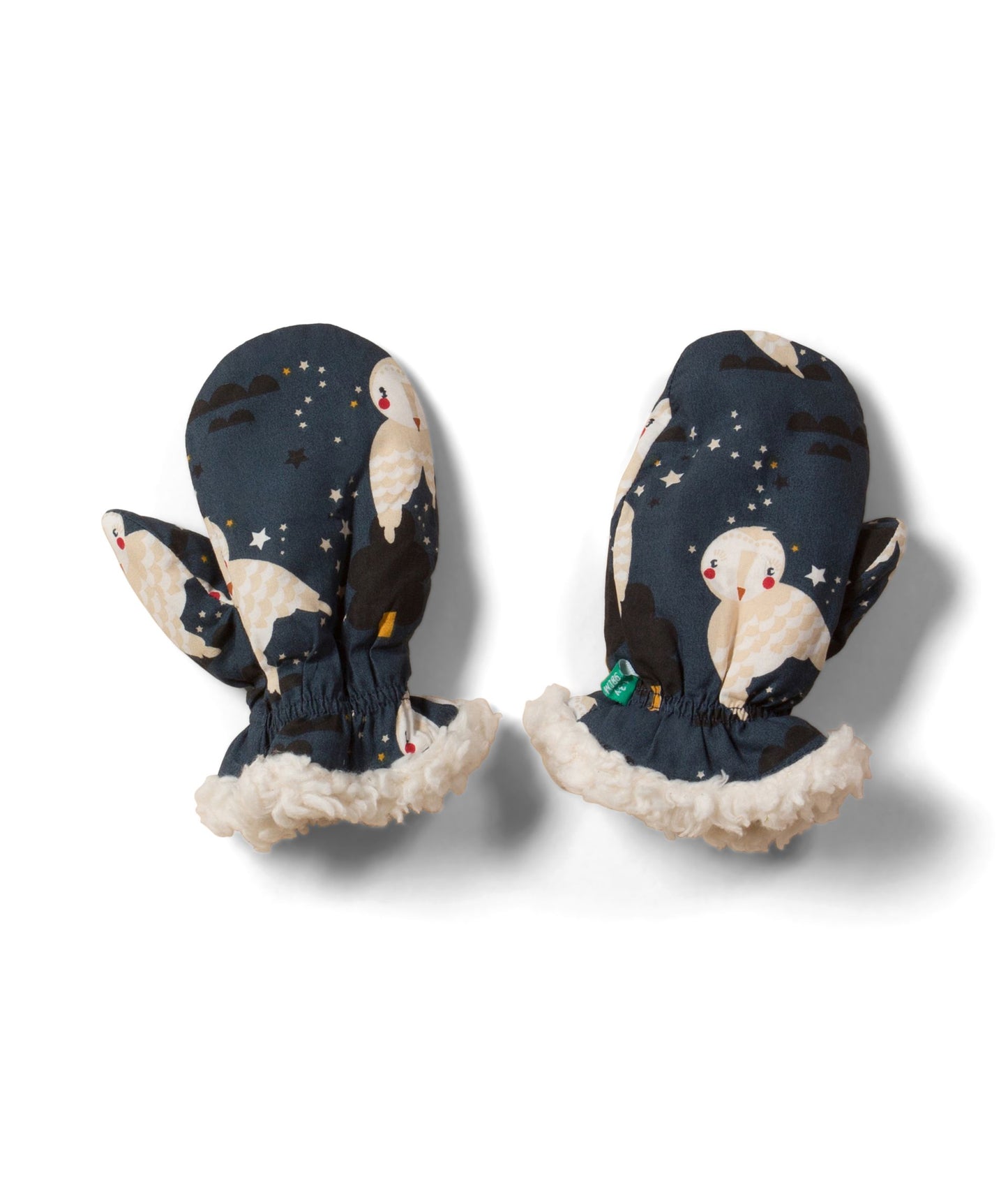 Warme Fäustlinge mit Futter aus Sherpa-Baumwolle in dunkelblau mit Eulen 