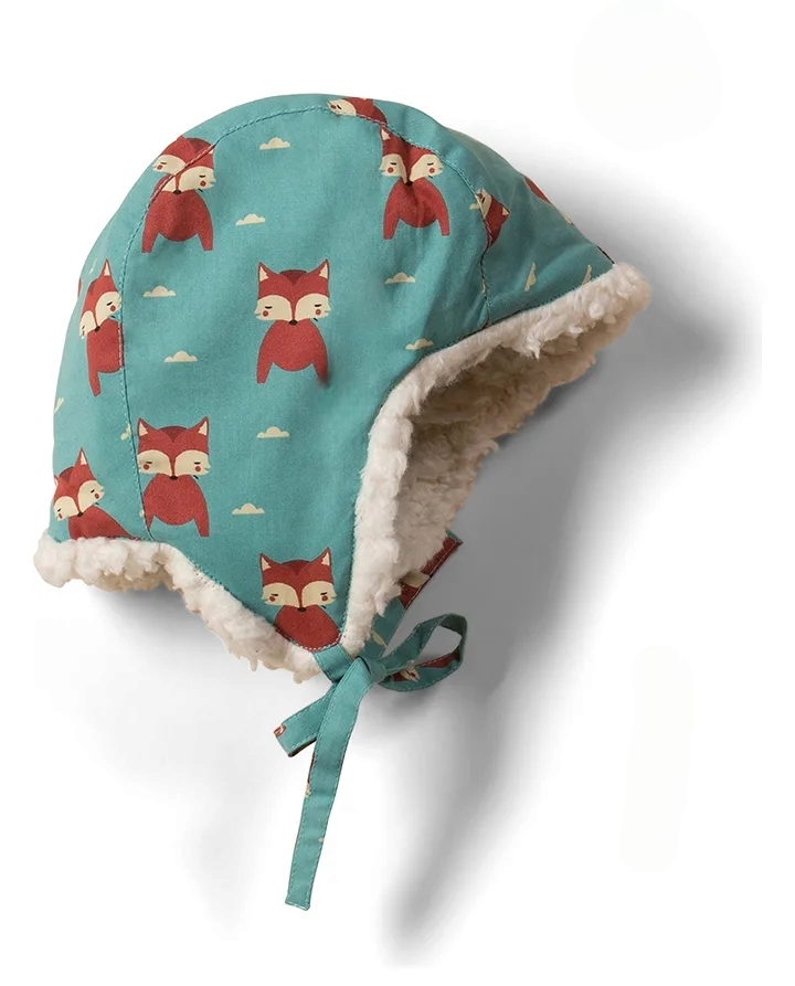 Warme Wintermütze mit Futter aus Sherpa-Baumwolle in türkis mit Füchsen 