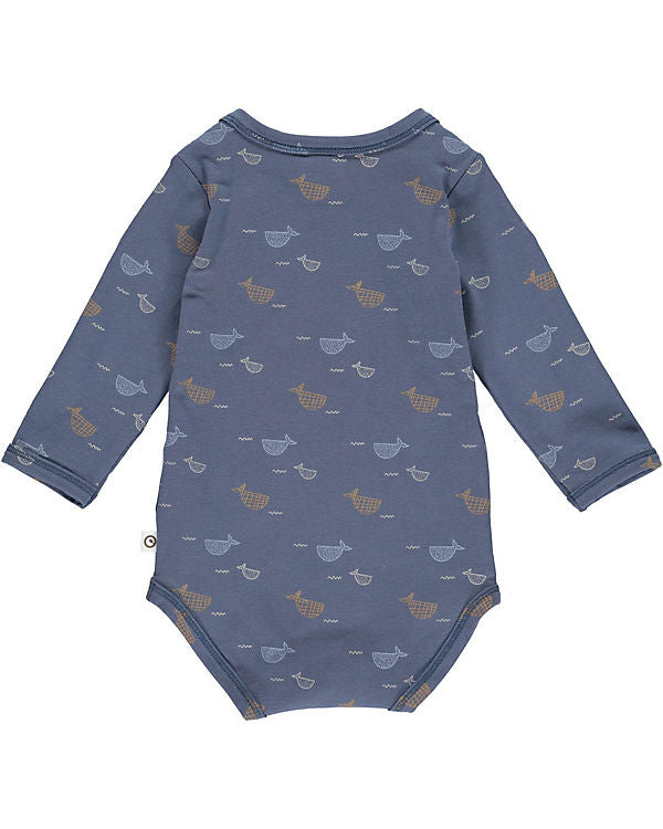Langarm-Body in schönem blau mit vielen niedlichen Walen darauf, aus Bio-Baumwolle 