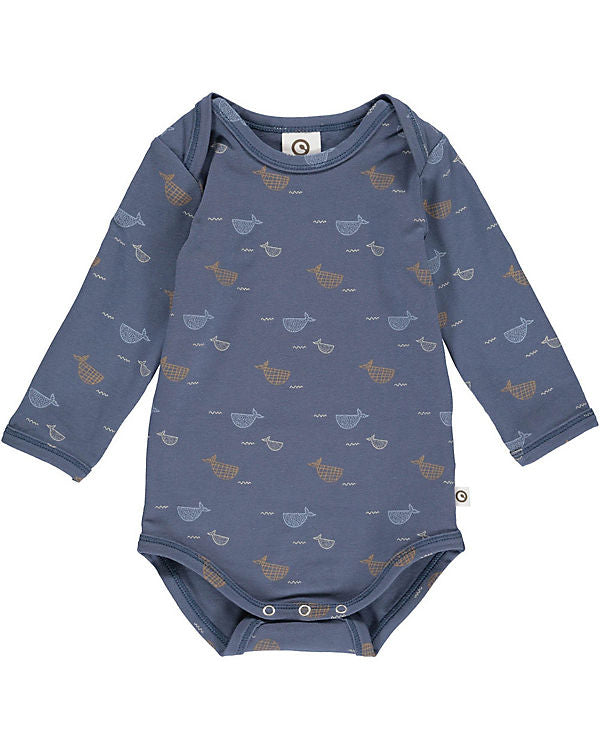 Langarm-Body in schönem blau mit vielen niedlichen Walen darauf, aus Bio-Baumwolle 