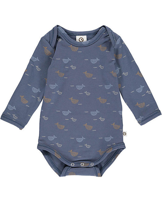 Langarm-Body in schönem blau mit vielen niedlichen Walen darauf, aus Bio-Baumwolle 