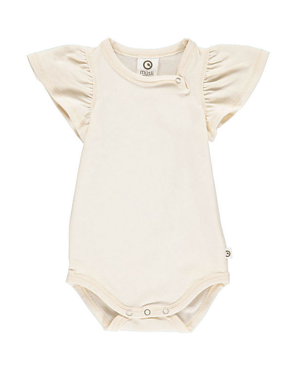 Verspielter Body mit kurzen Rüschen-Ärmeln und raffiniertem Ausschnitt und Druckknopf in buttercream 