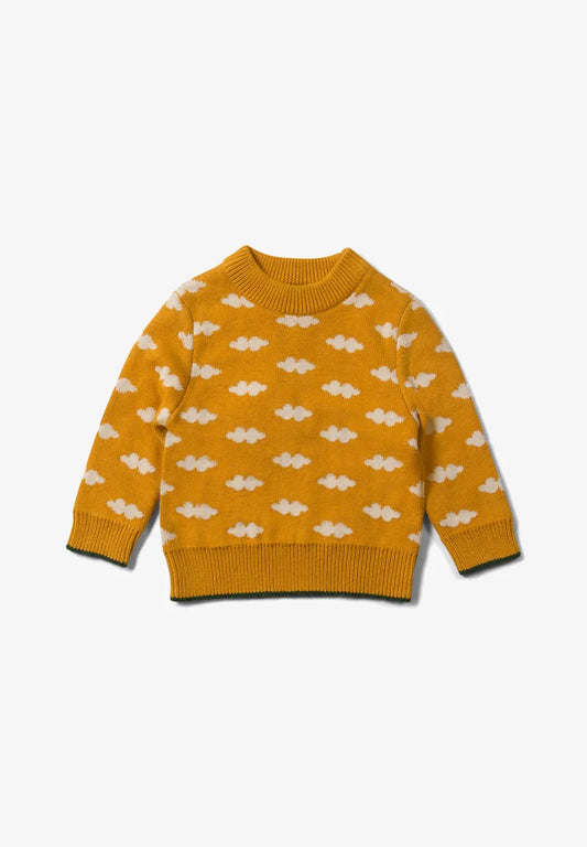 Schöner warmer Strickpulli in Senfgelb mit weißen Wolken, aus 100% Bio-Baumwolle, GOTS-zertifiziert