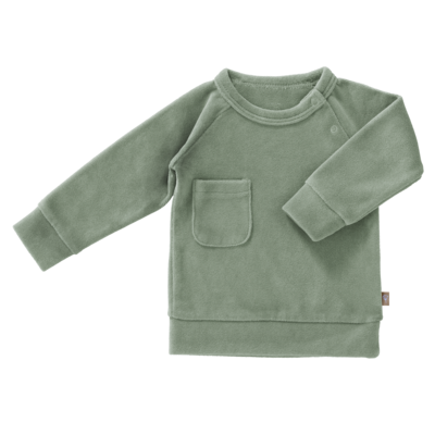 Schöner Baby-Pulli aus weichem Velour in grün. Hergestellt aus Bio-Baumwolle.