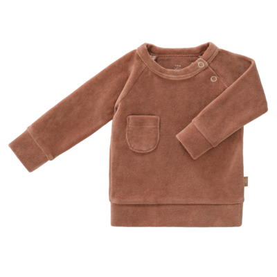 Schöner Baby-Pulli aus weichem Velour in braun. Hergestellt aus Bio-Baumwolle.