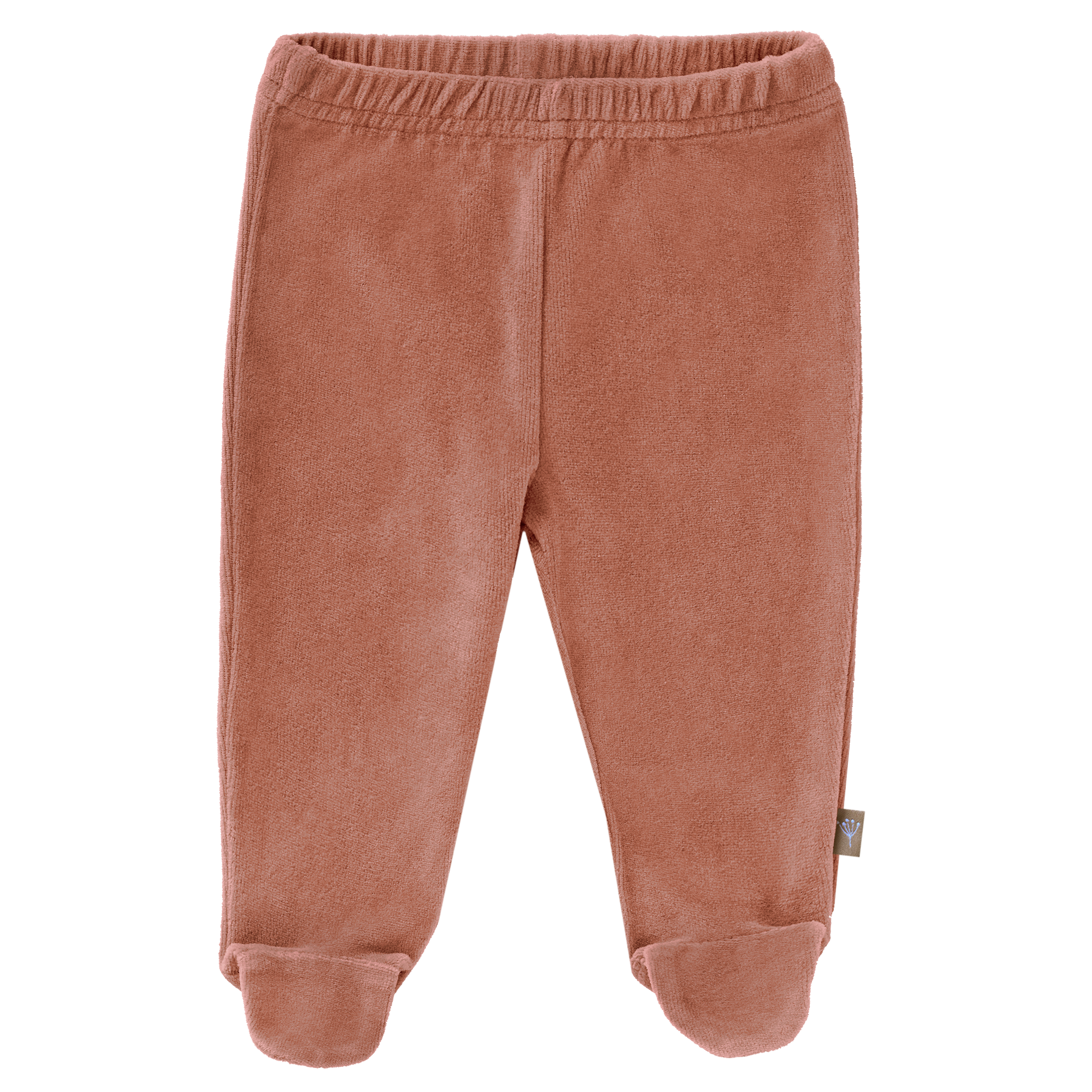 Schöne Baby-Hose mit Fuß aus weichem Velours in braun. Aus Bio-Baumwolle