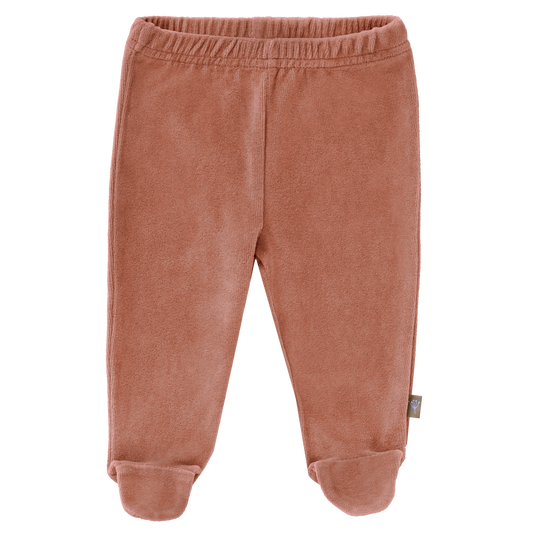 Schöne Baby-Hose mit Fuß aus weichem Velours in braun. Aus Bio-Baumwolle