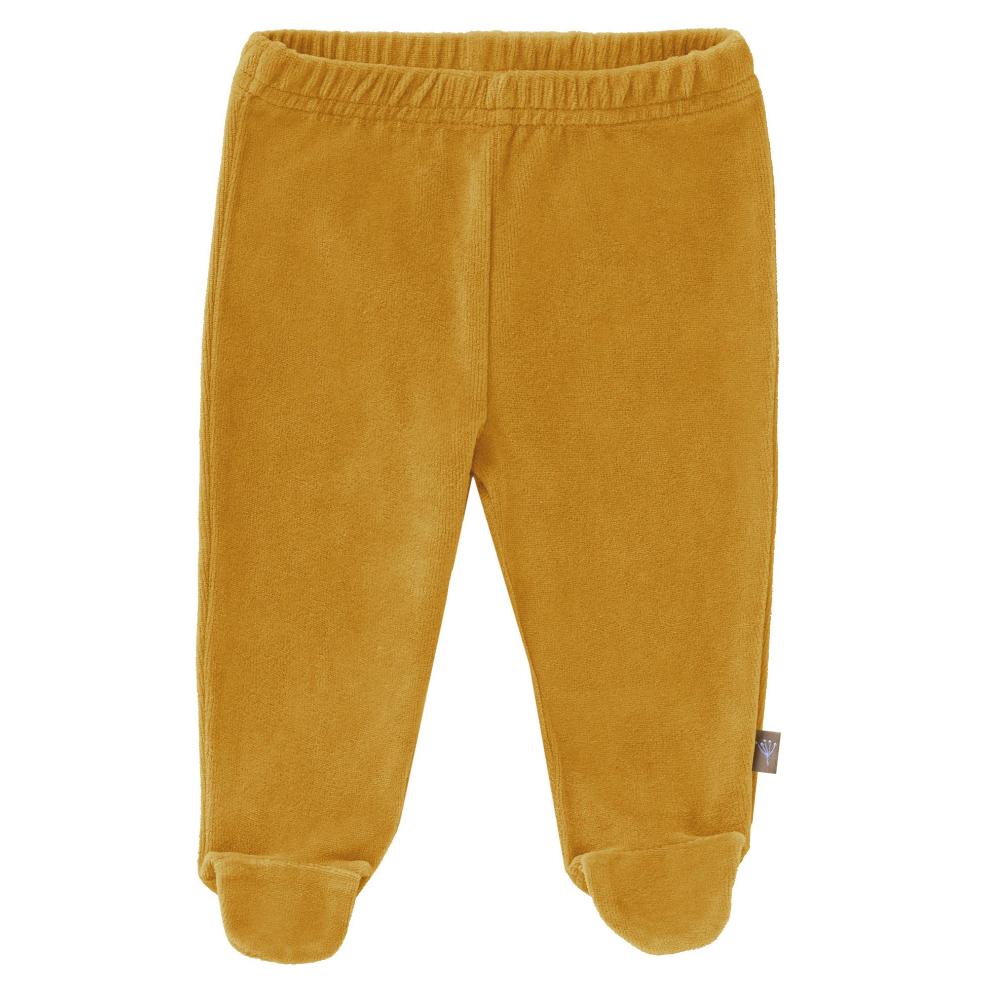 Schöne Baby-Hose mit Fuß aus weichem Velours in senfgelb. Aus Bio-Baumwolle