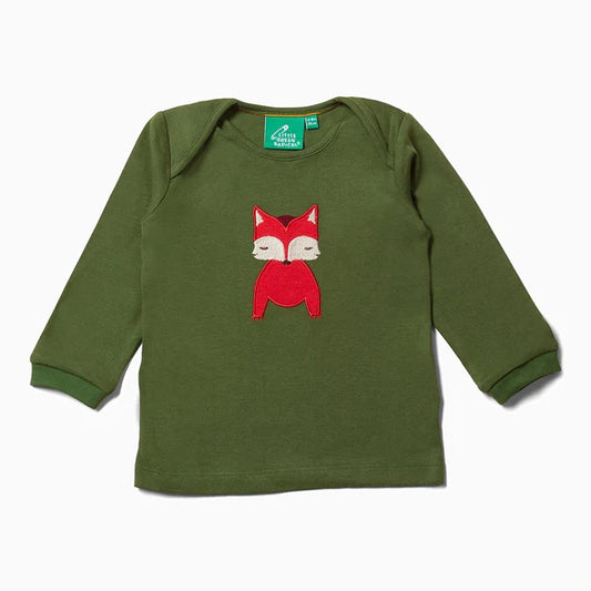 Hochwertiges Langarm-Shirt in grün mit niedlichem Fuchs aus Bio-Baumwolle 